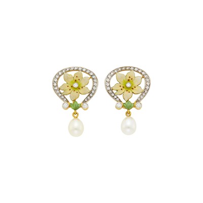 Lot 130 - Masriera Pair of Gold, Platinum, Enamel and Cultured Pearl Earrings