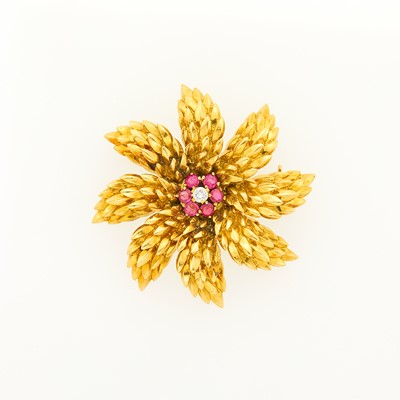 Lot 1174 - Tiffany & Co. Gold, Ruby and Diamond Flower Brooch