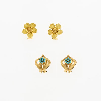 Lot 1171 - Tiffany & Co. Pair of Gold 'Dogwood' Earrings and Pair of Gold and Turquoise Earrings