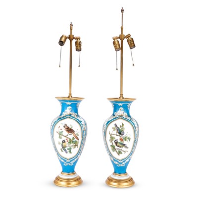 Lot 373 - Pair of Continental Gilt and Hand-Painted Mold-Blown Glass Vases Mounted as Table Lamps