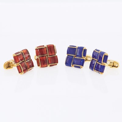 Lot 1092 - Two Pairs of Gold, Red and Blue Enamel Cufflinks