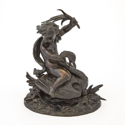 Lot 479 - French Bronze Figure of a Boy Riding a Swan and a Bronze Figure of Eve