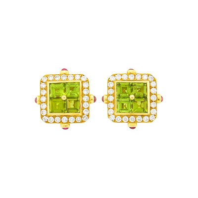 Lot 135 - Pair of Gold, Peridot, Diamond and Cabochon Ruby Earclips