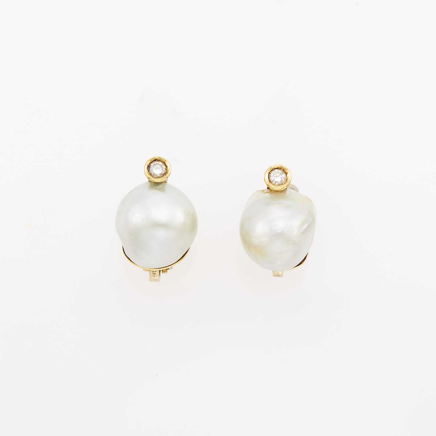 Lot 1188 - Pair of Gold, Baroque Cultured Pearl and Diamond Earclips