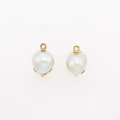 Lot 1188 - Pair of Gold, Baroque Cultured Pearl and Diamond Earclips