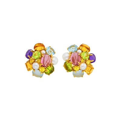 Lot 126 - Seaman Schepps Pair of Gold, Multicolored Stone and Cultured Pearl 'Bubble' Earrings