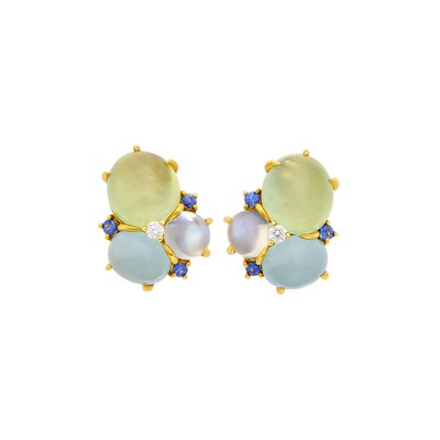 Lot 163 - Seaman Schepps Pair of Gold, Colored Stone , Diamond and Sapphire  'Three Cab' Earrings