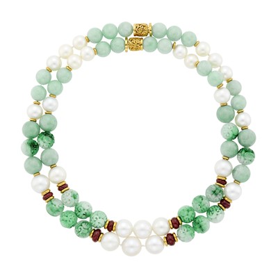 Lot 73 - Seaman Schepps Long Gold, Carved Jade, Jade and Ruby Bead and South Sea Cultured Pearl Necklace/Pair of Necklaces
