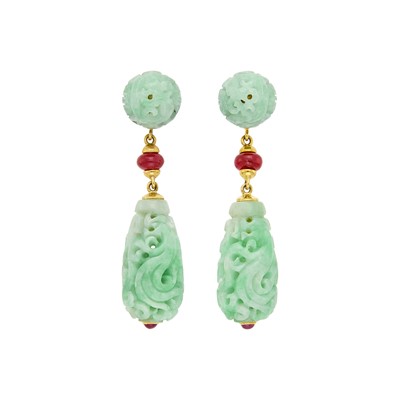 Lot 74 - Seaman Schepps Pair of Carved Jade, Gold and Ruby Bead 'Canton' Pendant-Earrings