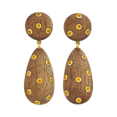Lot 1001 - Seaman Schepps Pair of Gold, Wood and Citrine Pendant-Earrings