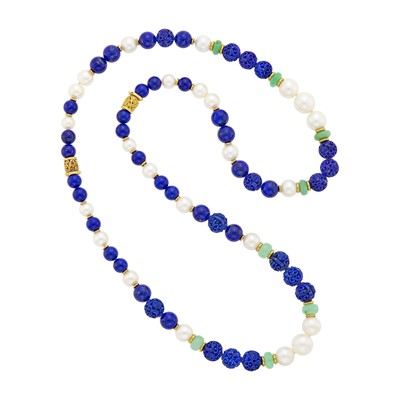 Lot 33 - Seaman Schepps Long Carved Lapis, Jade, South Sea Cultured Pearl and Gold Necklace/Pair of of Necklaces Combination