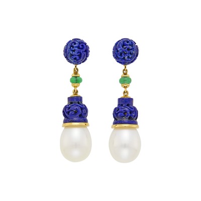 Lot 34 - Seaman Schepps Pair of Gold, Carved Lapis, South Sea Cultured Pearl and Green Onyx Bead 'Canton' Pendant-Earrings
