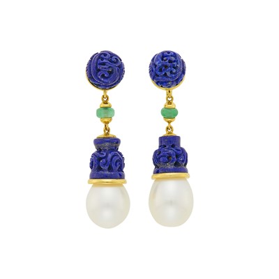 Lot 144 - Seaman Schepps Pair of Gold, Carved Lapis, South Sea Cultured Pearl and Green Onyx Bead Pendant-Earrings