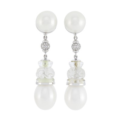 Lot 119 - Seaman Schepps Pair of White Gold, South Sea Cultured Pearl, Carved Rock Crystal and Diamond Pendant-Earrings