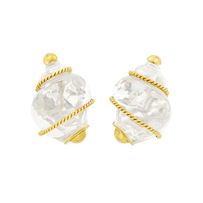 Lot 88 - Seaman Schepps Pair of Two-Color Gold and Carved Rock Crystal 'Large Turbo Shell' Earrings