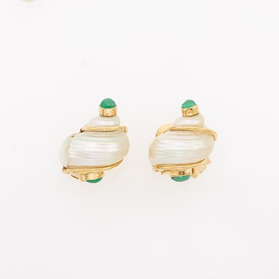 Lot 1181 - Seaman Schepps Pair of Gold, Shell and Cabochon Emerald 'Turbo Shell' Earrings