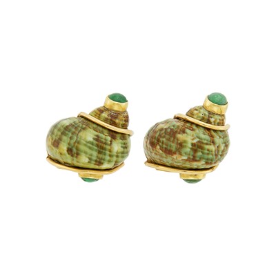 Lot 117 - Seaman Schepps Pair of Gold, Green Shell and Cabochon Emerald Earrings