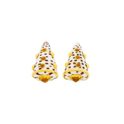 Lot 92 - Trianon Pair of Gold, Spotted Shell and Citrine Earrings