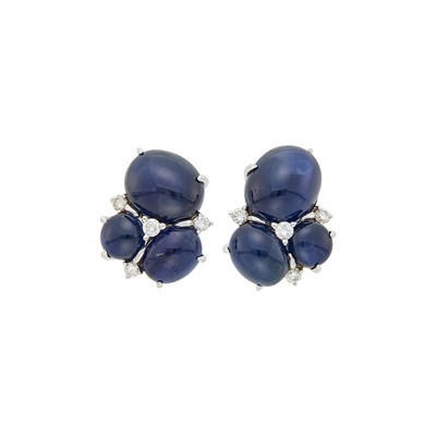 Lot 58 - Seaman Schepps Pair of White Gold, Cabochon Sapphire and Diamond Earrings