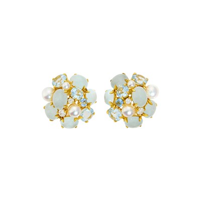 Lot 147 - Seaman Schepps Pair of Gold, Cabochon Aquamarine and Cultured Pearl 'Bubble' Earrings