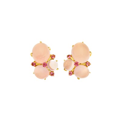 Lot 145 - Seaman Schepps Pair of Gold, Cabochon Rose Quartz, Moonstone and Pink Tourmaline 'Three Cab' Earrings