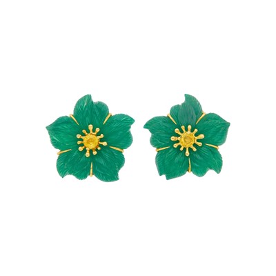 Lot 119 - Seaman Schepps Pair of Gold, Carved Crystal, Chrysoprase and Citrine 'Clematis' Earrings