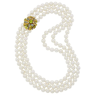 Lot 146 - Seaman Schepps Triple Strand Cultured Pearl Necklace with Gold, Gem-Set and Diamond Clasp