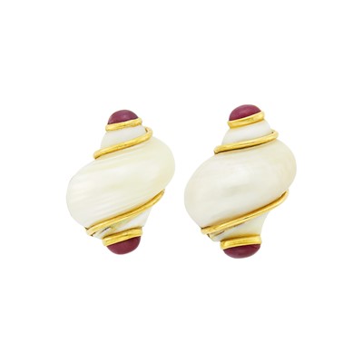 Lot 22 - Seaman Schepps Pair of Gold, Shell and Cabochon Ruby 'Turbo Shell' Earrings