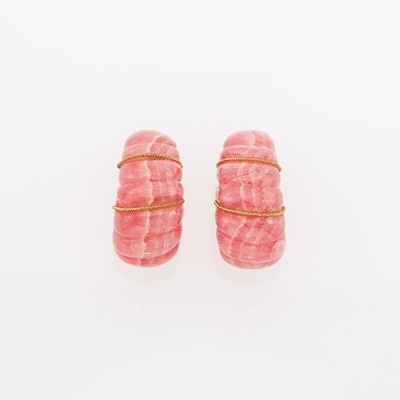Lot 1011 - Pair of Carved Rhodochrosite and Gold Earrings