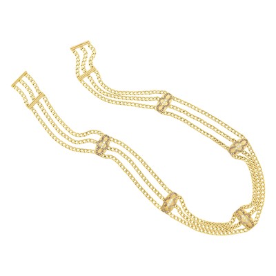 Lot 18 - Boucheron Long Triple Strand Gold and Colored Diamond Curb Link Chain Necklace, France