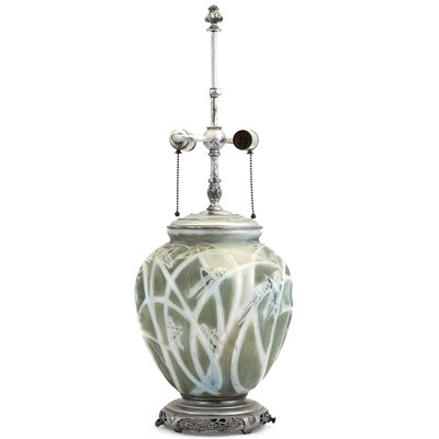 Lot 147 - R. Lalique Molded Opalescent Glass "Sauterelles" Vase Mounted as a Table Lamp