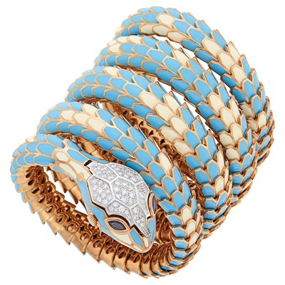 Lot 84 - Alexis Rose Gold-Plated Silver, White Gold, Enamel and Diamond Snake Bracelet-Watch