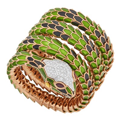 Lot 1165 - Alexis Rose Gold-Plated Silver, White Gold, Green and Black Enamel and Diamond Snake Bracelet-Watch