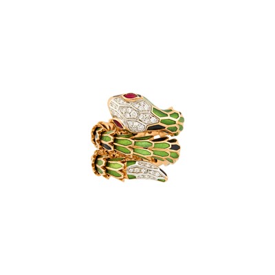 Lot 1163 - Alexis Rose Gold-Plated Silver, White Gold, Green and Black Enamel and Diamond Snake Ring