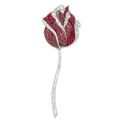 Lot 252 - Guillemin & Soulaine Platinum, White Gold, Invisibly-Set Ruby and Diamond Rose Clip-Brooch, France
