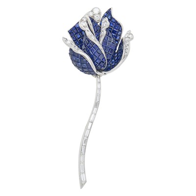 Lot 253 - Guillemin & Soulaine Platinum, White Gold, Invisibly-Set Sapphire and Diamond Rose Clip-Brooch, France