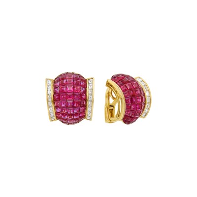 Lot 200 - Pair of Gold, Invisibly-Set Ruby and Diamond Earclips