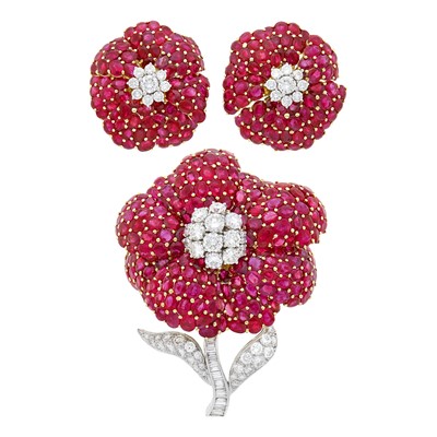 Lot 83 - Two-Color Gold, Ruby and Diamond Flower Pendant Clip-Brooch and Pair of Earclips