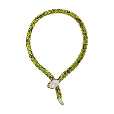 Lot 1164 - Alexis Gold-Plated Silver, White Gold, Green and Blue Enamel and Diamond Snake Necklace