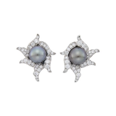 Lot 113 - Angela Cummings for Assael Pair of Platinum, White Gold, Tahitian Gray Cultured Pearl and Diamond Earclips
