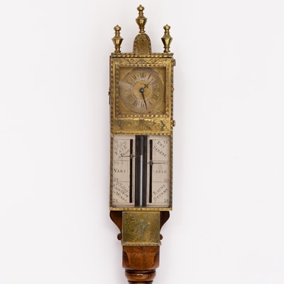 Lot 320 - Queen Anne Walnut Column Barometer with Integral Watch by Charles Cabrier