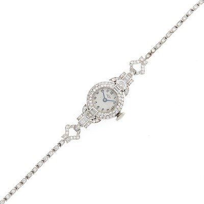 Lot 1079 - Platinum and Diamond Bracelet-Watch