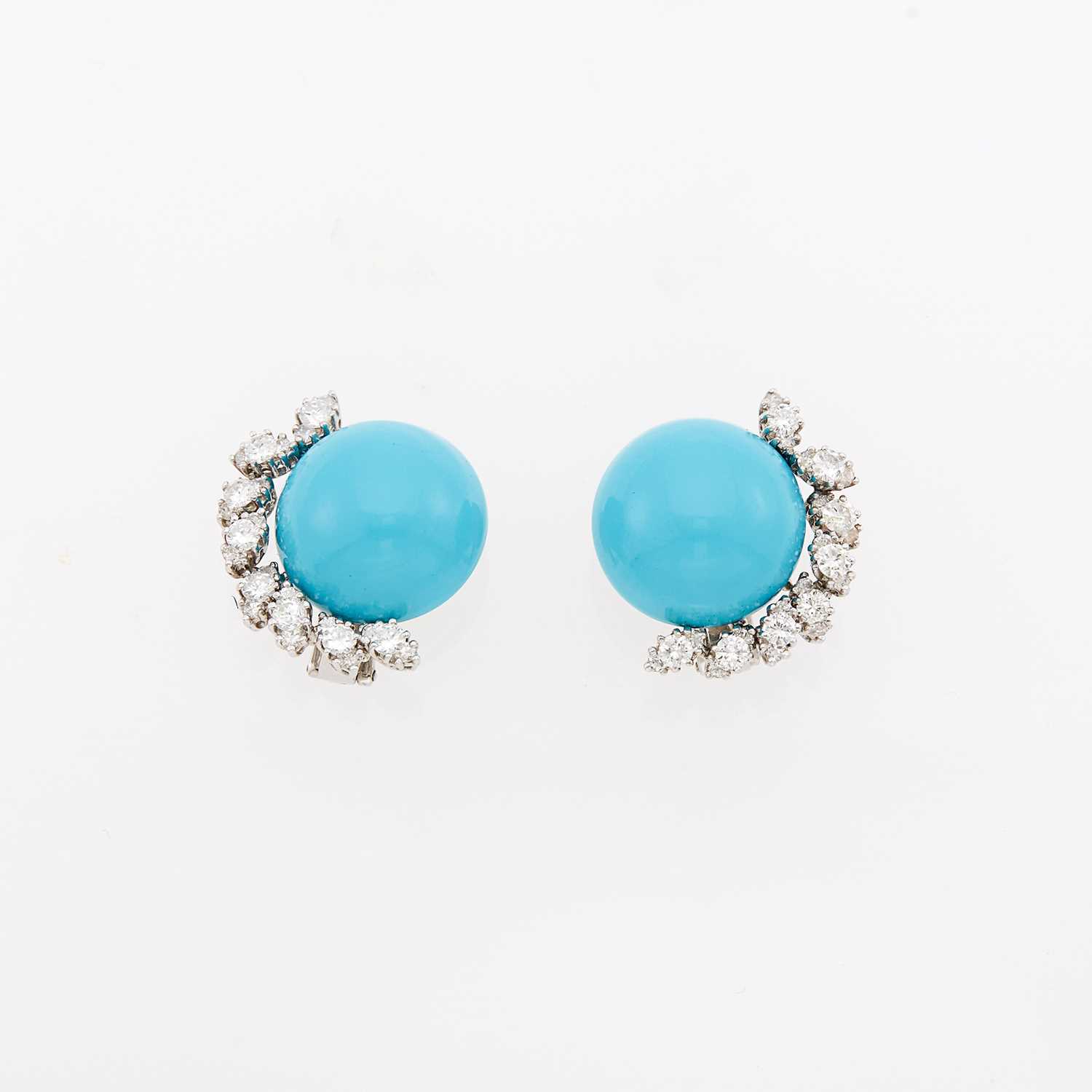 Lot 1052 - Pair of White Gold, Imitation Turquoise and Diamond Earclips