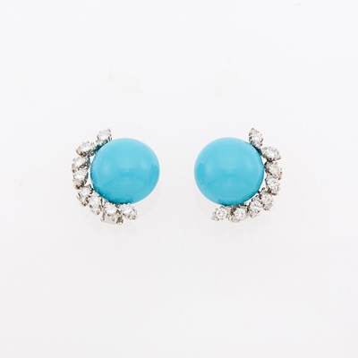 Lot 1052 - Pair of White Gold, Imitation Turquoise and Diamond Earclips