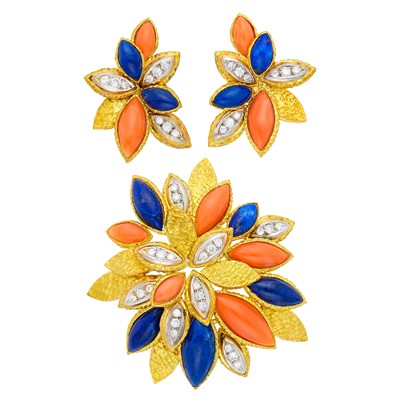 Lot 39 - Two-Color Gold, Lapis, Coral and Diamond Flower Brooch and Pair of Earclips
