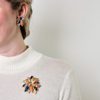 Lot 39 - Two-Color Gold, Lapis, Coral and Diamond Flower Brooch and Pair of Earclips