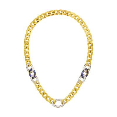 Lot 192 - Two-Color Gold, Diamond and Sapphire Curb Link Necklace/Bracelet Combination