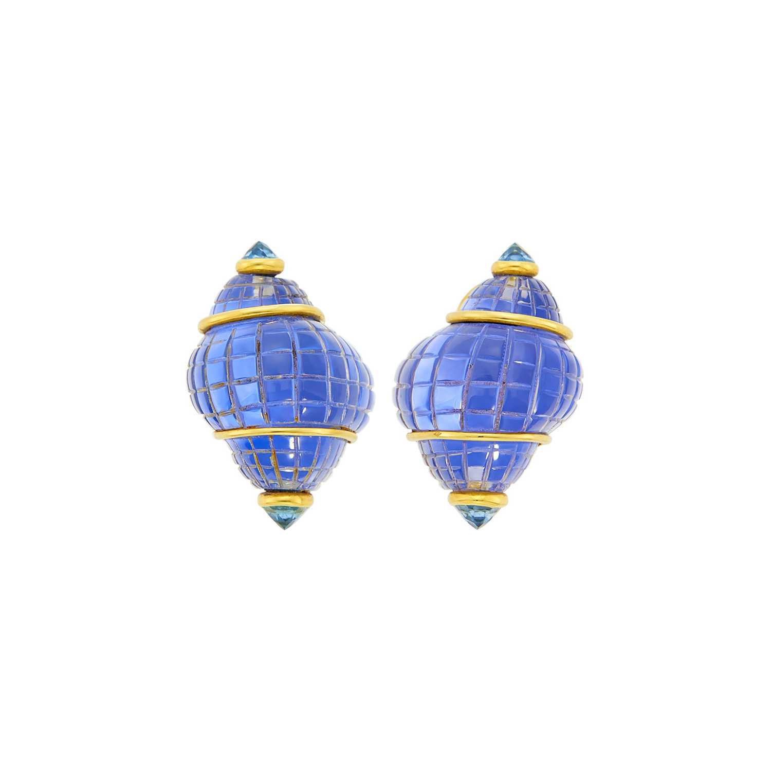 Lot 21 - Seaman Schepps Pair of Gold, Carved Rock Crystal, Blue Chalcedony and Blue Topaz Shell Earclips