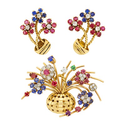 Lot 1079 - Tricolor Gold, Diamond and Gem-Set Flower Basket Brooch and Pair of Earclips