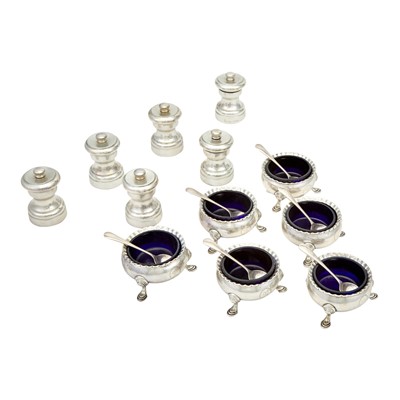 Lot 169 - Set of Six George III Sterling Silver Open Salts and Six Tiffany & Co. Silver Pepper Grinders